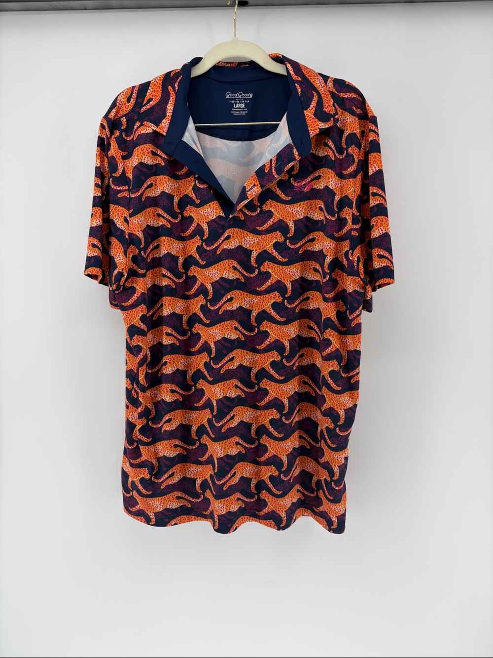 Men’s Good Good Navy Golf Performance Polo Animal Cheetah Print Large